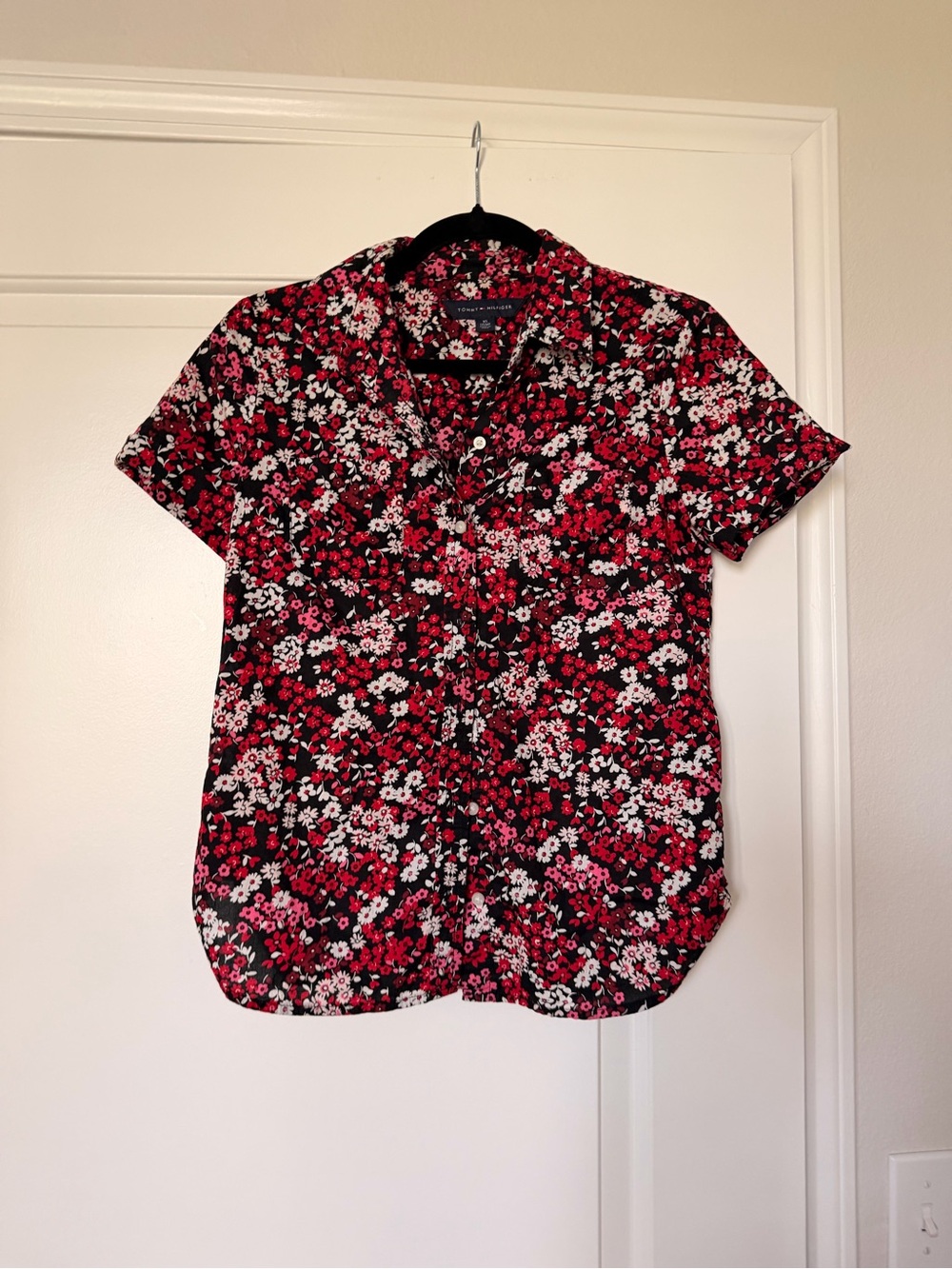 Tommy Hilfiger Black Floral Shirt with Red, Pink & White Flowers